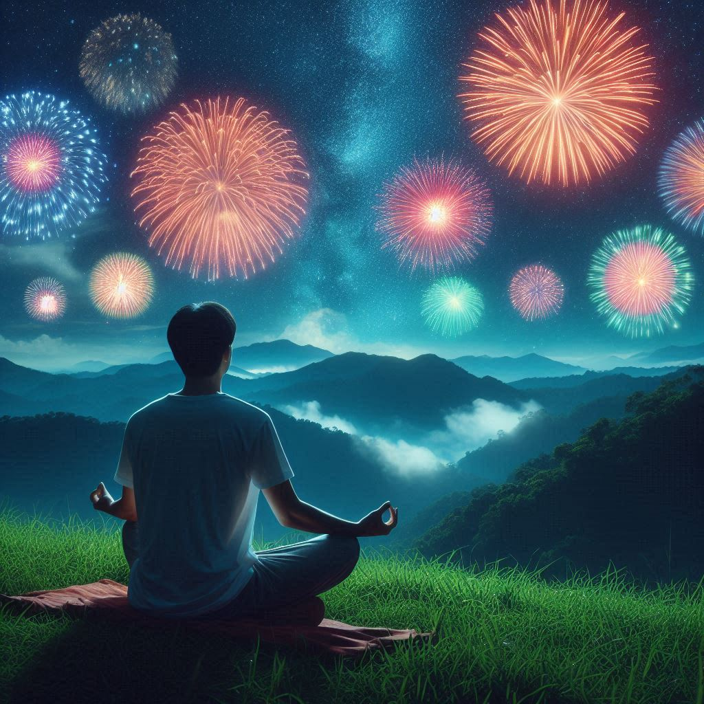 A person mediating while fireworks light the sky